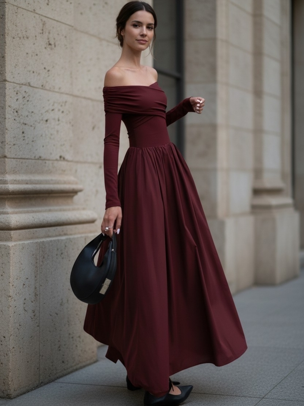Commense Off-Shoulder Long Sleeve Maxi Dress in Burgundy